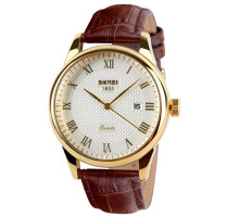 Часы наручные модель (9058LGDWTBN-B) SKMEI, GOLD CASE BROWN BAND WHITE DAIL (MEN)
