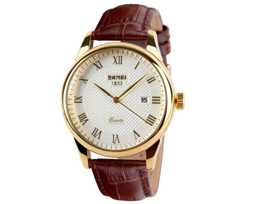 Часы наручные модель (9058LGDWTBN-B) SKMEI, GOLD CASE BROWN BAND WHITE DAIL (MEN)