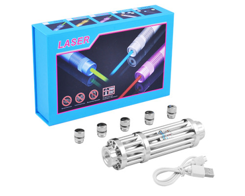 Фонарь-лазер синий YX-B017, Li-Ion аккум., ЗУ micro USB,5 насадок, Power Bank