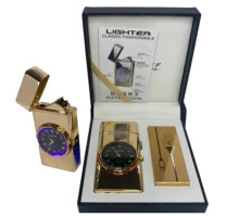 Дуговая электроимпульсная зажигалка с часами и фонариком LIGHTER (HL-466 Gold)