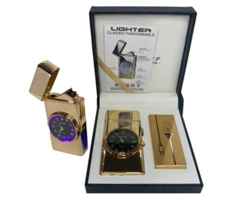 Дуговая электроимпульсная зажигалка с часами и фонариком LIGHTER (HL-466 Gold)