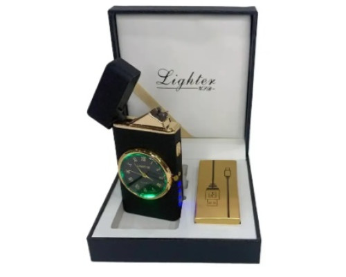 Дуговая электроимпульсная зажигалка с часами и фонариком LIGHTER (HL-466 Black mate)