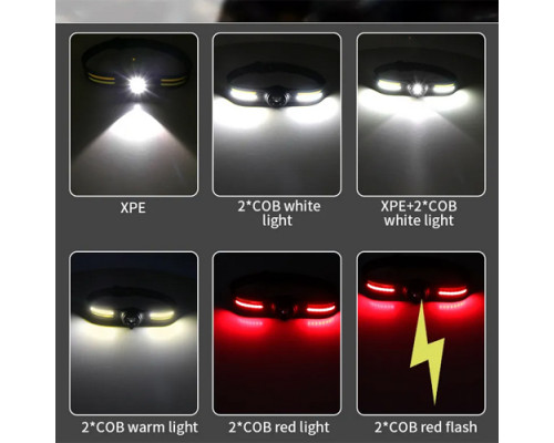 Фонарь налобный T134-XPE+4COB (white+yellow+red)