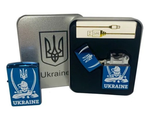 Дуговая электроимпульсная зажигалка с USB-зарядкой  Украина в металлической коробке (HL-449-Blue)